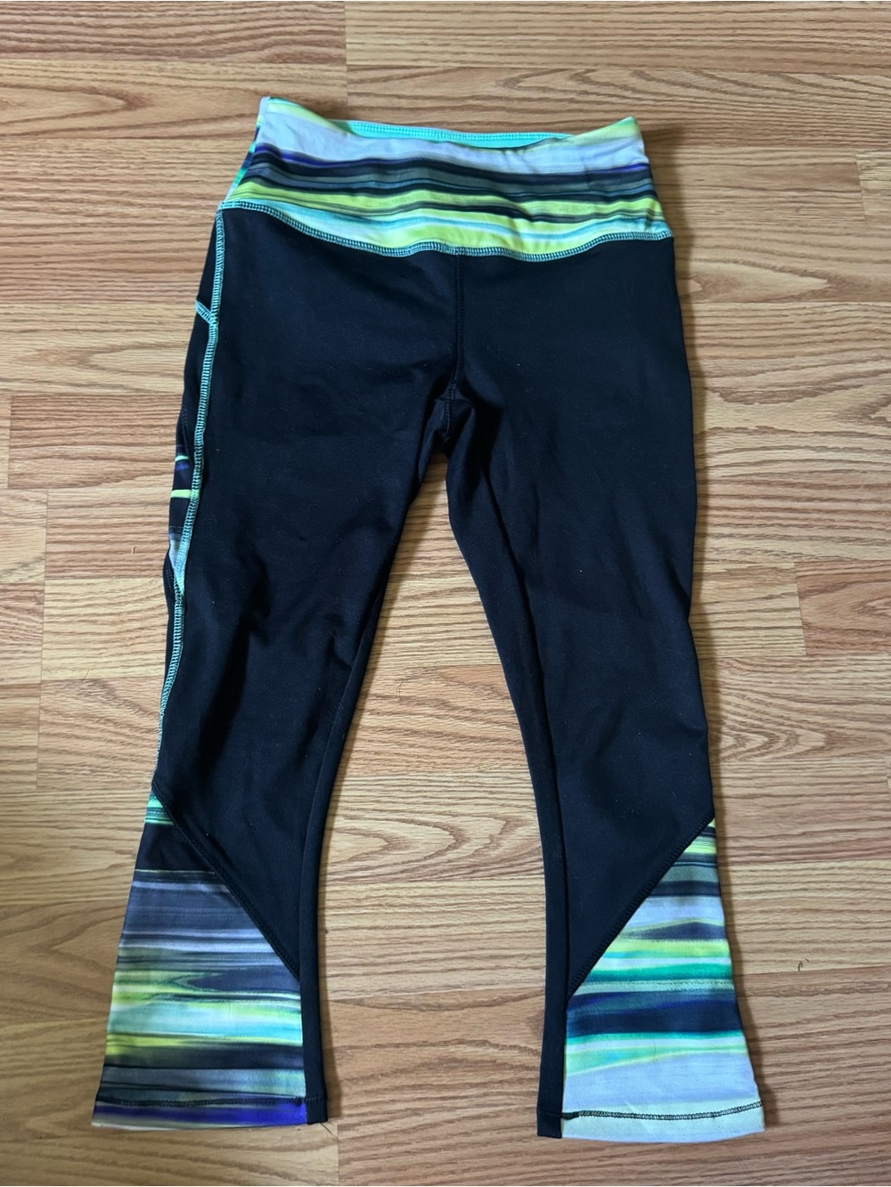 Maurices Black Leggings with Multi-Color Striped Waistband and Cuffs